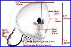 Large Bottom Mount Chrome Steel Motorcycle Motorbike Headlight H4 Glass Lens